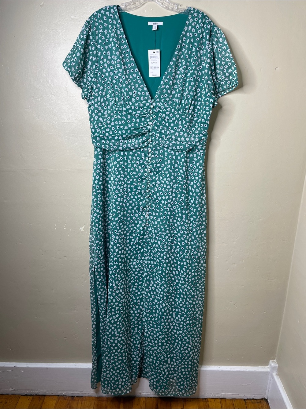 BAR lll Green & White Chiffon SEABREEZE FLORA Prairie Maxi Dress NWT XL